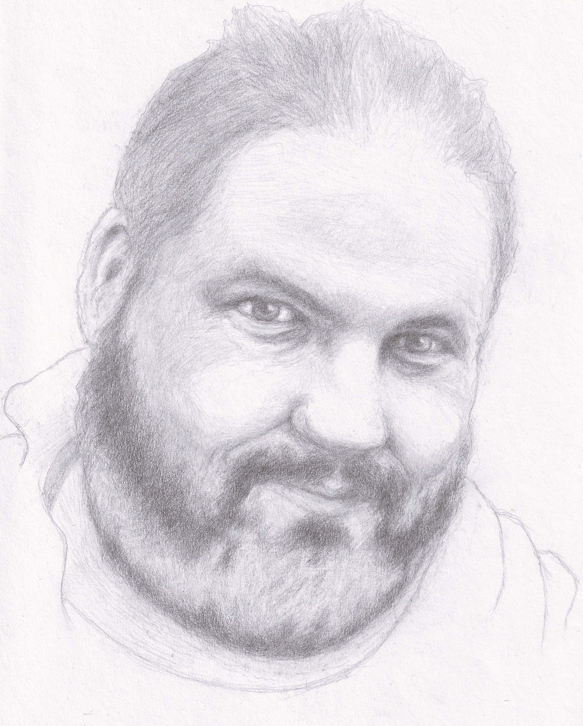 A pencil sketch of a man with short hair and a beard. 